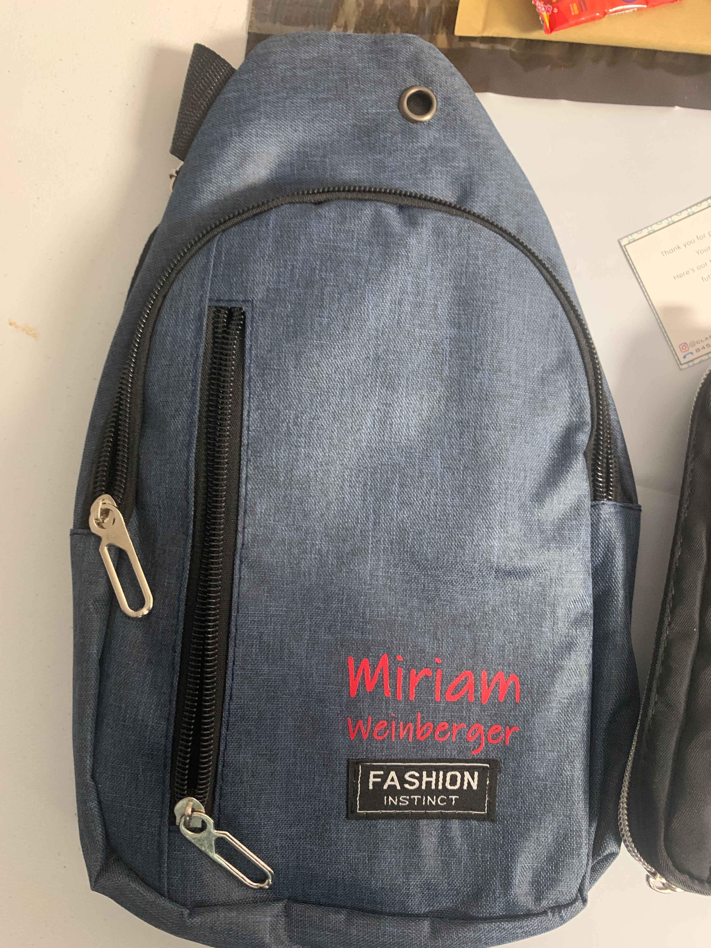 Black grey or denim personalized bag / trip, side/ sling/ crossbody bag school. camp