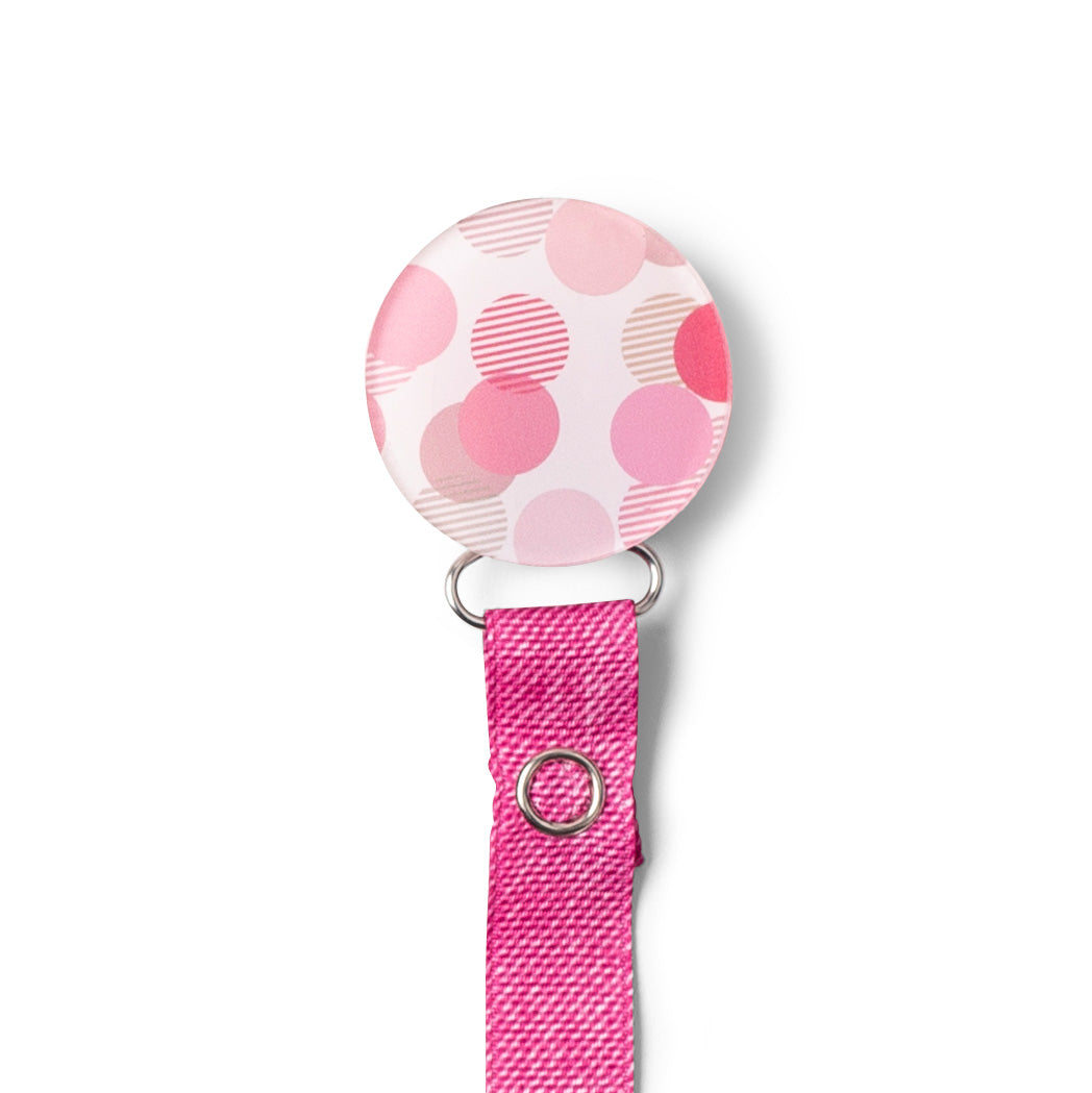 Classy Paci fun circles in  pink/ hot pink denim/ mauve/ white baby girl pacifier clip