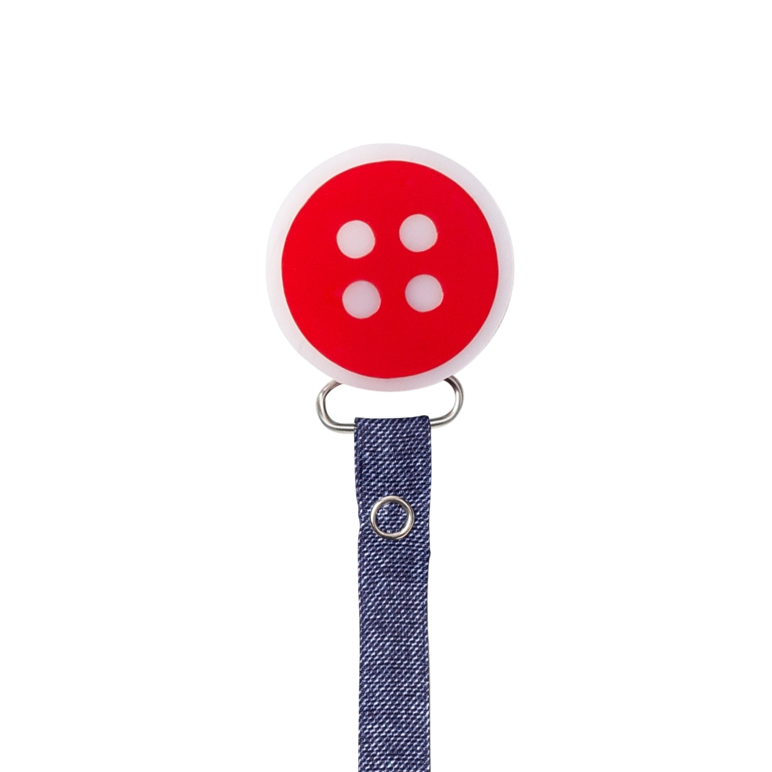 Classy Paci fun "cute as a button" Red big bright. denim/black for baby toddler girls or boys  pacifier clip
