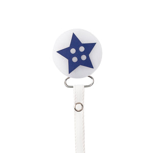 Classy Paci fun "cute as a button" Navy blue star, denim/black for baby toddler girls boys pacifier clip