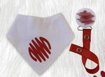 White with Red Doodle circle bib, hat, pacifier clip DELUXE GIFT SET