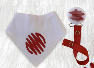 White with Red Doodle circle bib and clip GIFT SET